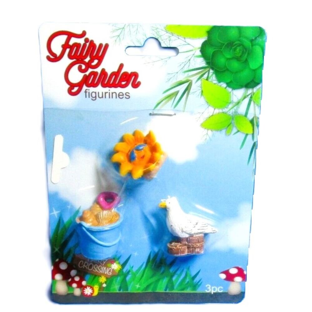 Fairy Garden Miniature Figurines Sun, Duck & Sand Pail Resin Set Summer Yard Art